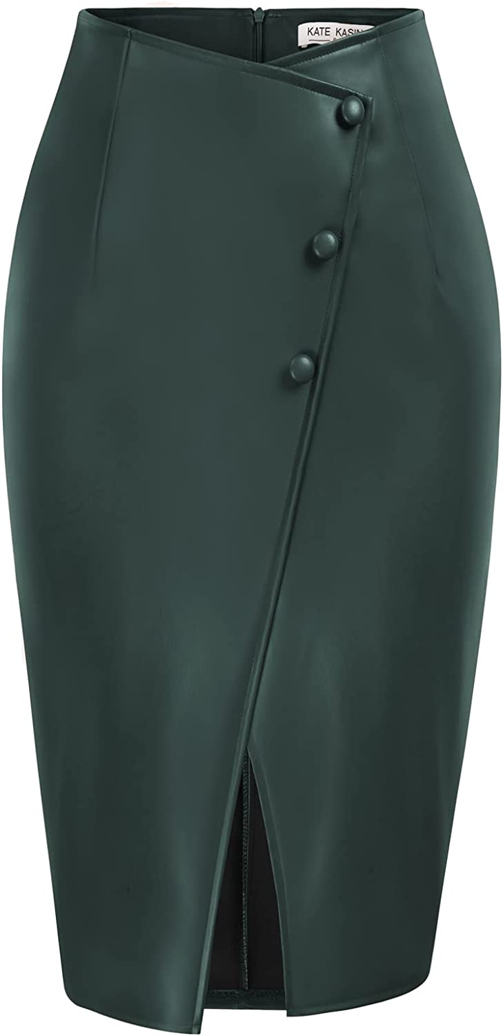 Kate Kasin Women's Leather Skirts High Waist Split Button Wear to Work Pencil Skirts