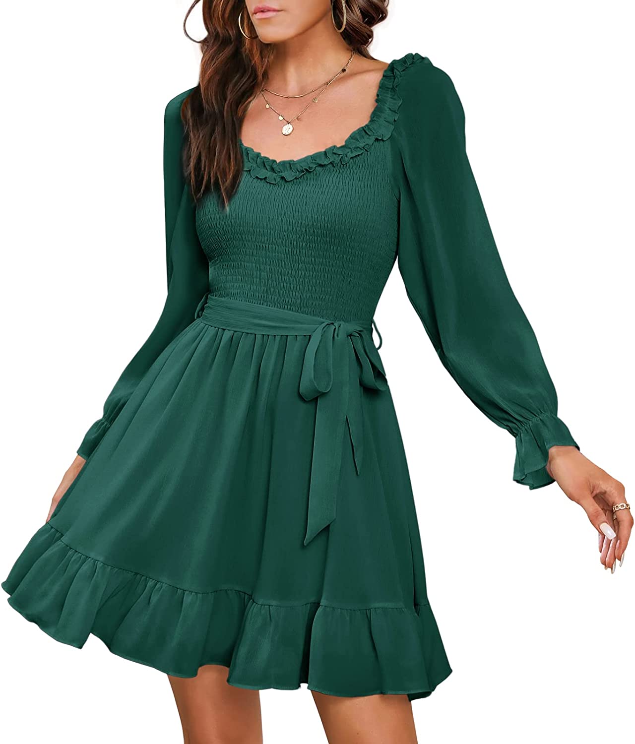 EXLURA Womens Summer Casual Long Puff Sleeve V-Neck Mini Dress Smocked Ruffle Sweetheart Neckline A-line Flowy Dresses