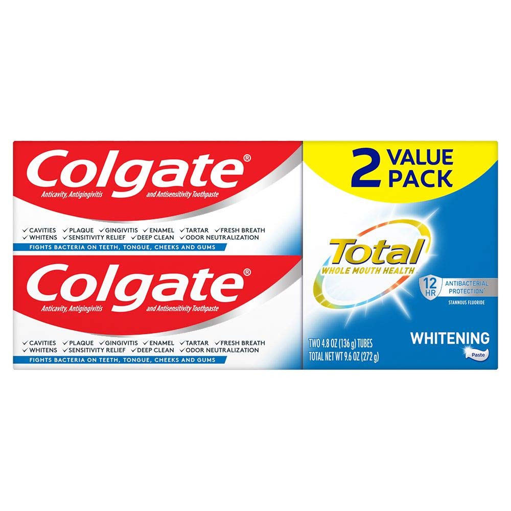 Colgate Total Whitening Toothpaste with Stannous Fluoride and Zinc, Sensitivity Relief and Cavity Protection Mint, 4.8 Oz (Pack of 2)