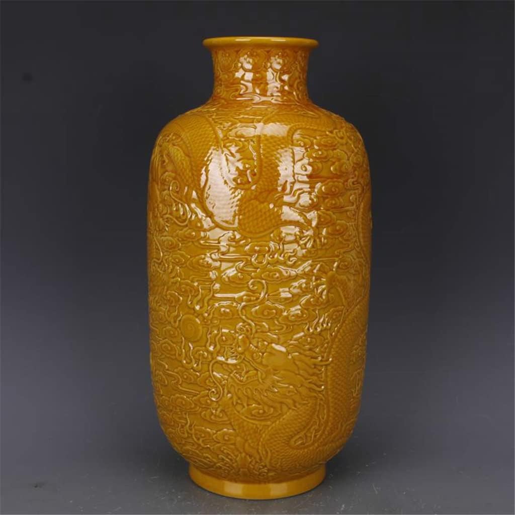 ZSEDP Antique Yellow Glaze Embossed Home Decoration Porcelain Flower Vase Collection Vase