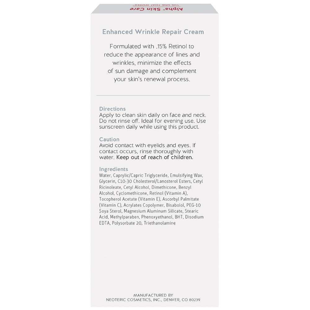Alpha Skin Care Enhanced Wrinkle Repair Cream Anti-Aging Formula 0.15% Retinol Vitamin A, C & E Reduces the Appearance of Lines & Wrinkles |For All Skin Types 1.05 Oz,White