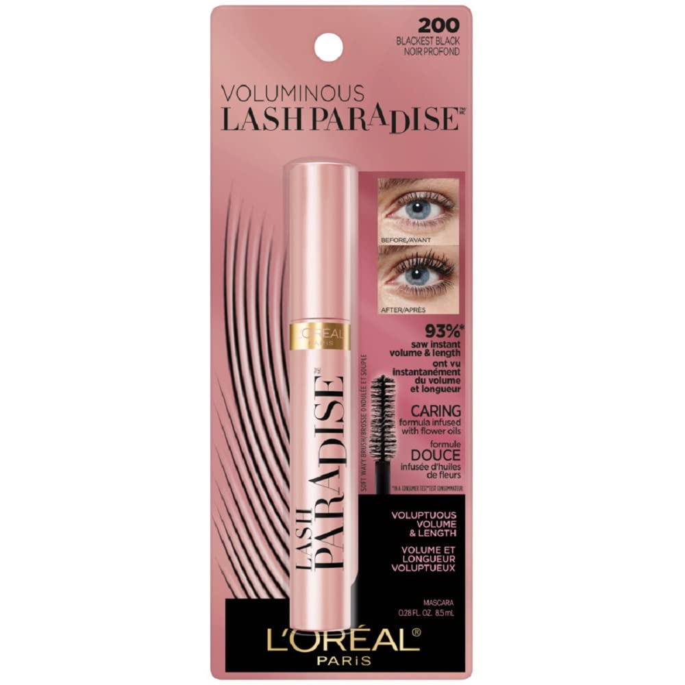 L'Oreal Paris Voluminous Makeup Lash Paradise Mascara, Voluptuous Volume, Intense Length, Feathery Soft Full Lashes, No Flaking, No Smudging, No Clumping, Blackest Black, 1 Count
