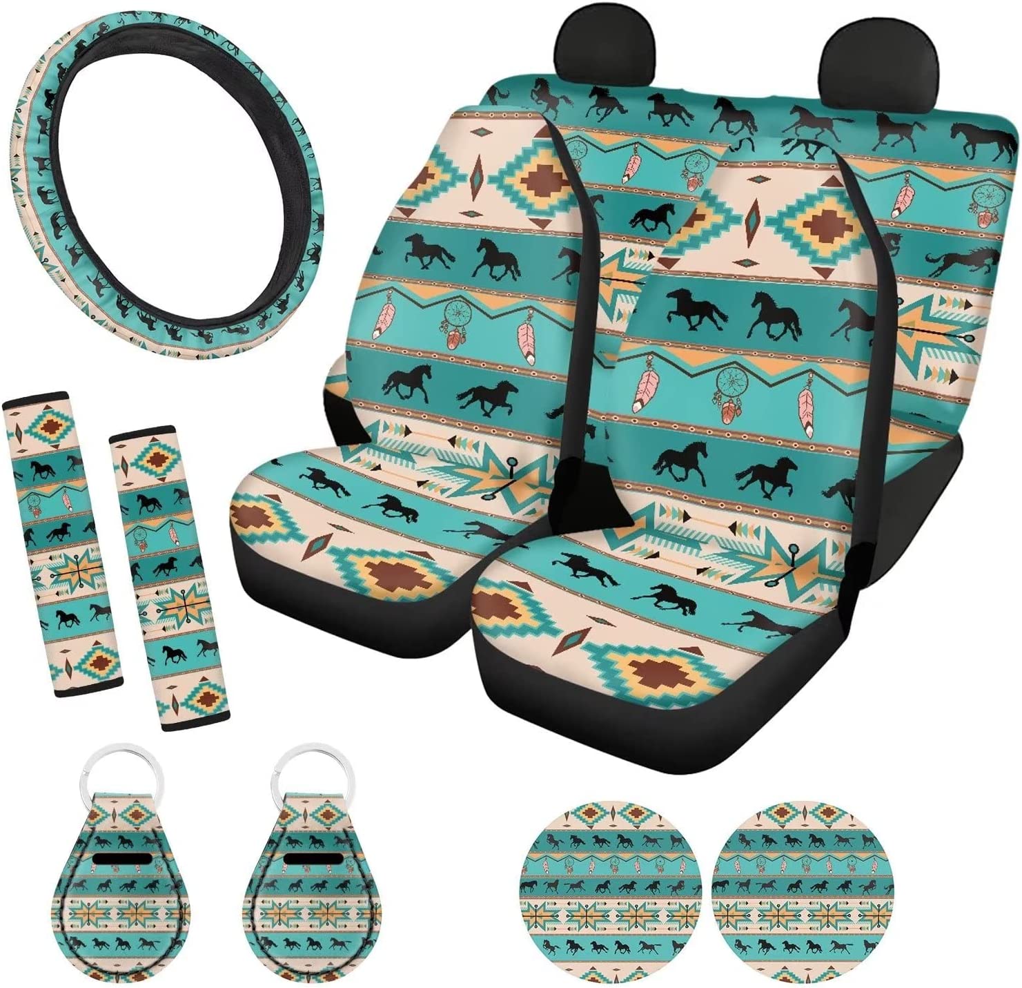 ZFRXIGN Southwestern Horse Car Seat Covers Full Set for Women Car Steering Wheel Cover, Seat Belt Pad Car Accessories SUV Trunk Turquoise Keychains Cup Mats Native American Aztec