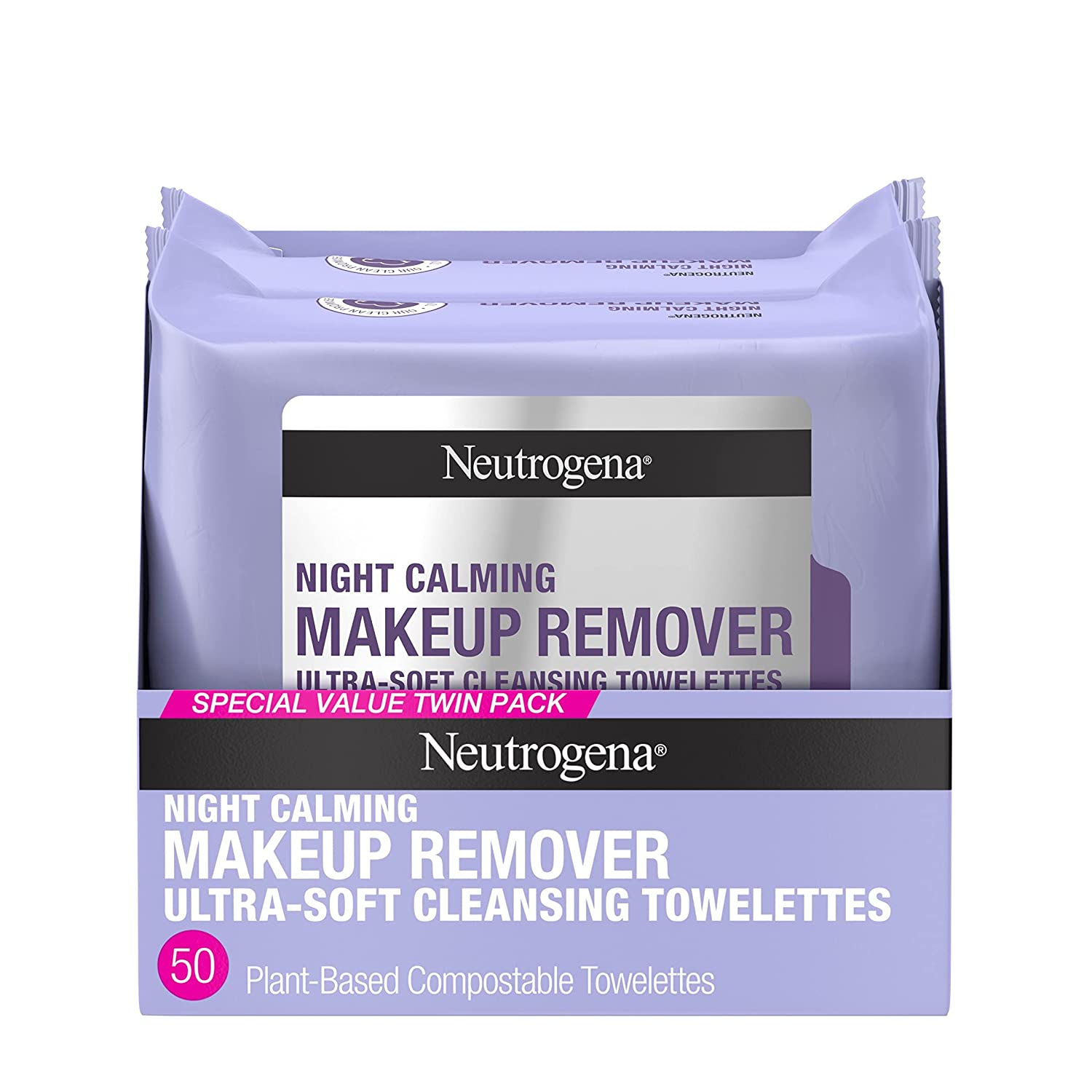 Neutrogena Night Calming Cleansing Makeup Remover Face Wipes， Nighttime Facial Wipes to Remove Dirt &amp; makeup， Leaves Skin Feeling Calm， Alcohol-Free， 100% Plant Based Cloth， 25 ct， Twin Pack
