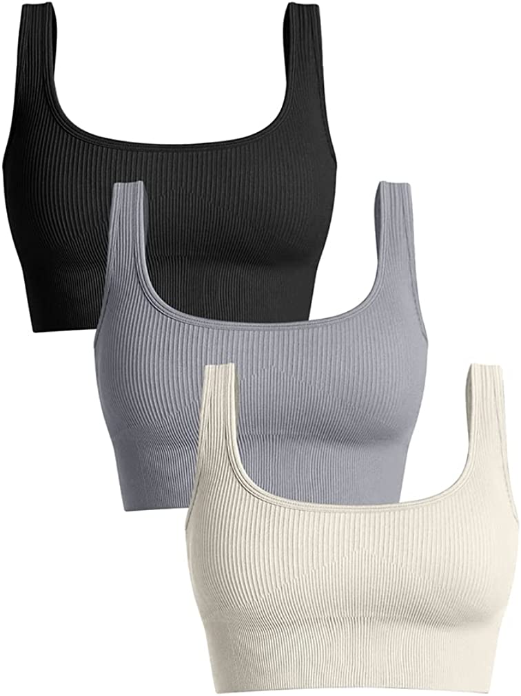 OQQ Women's 3 Piece Medium Support Tank Top Ribbed Seamless Removable Cups Workout Exercise Sport Bra