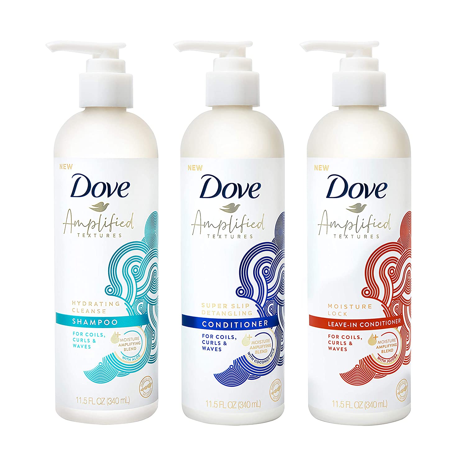 Dove Amplified Textures Shampoo, Leave-In Conditioner for Coils, Curls & Waves & Coconut Milk, Aloe and Jojoba Moisture Amplifying Blend, 11.5 Oz, 3 Count
